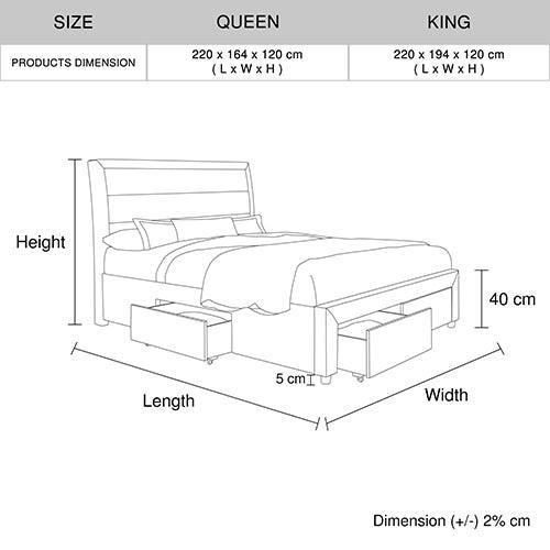 4 Pieces Storage Bedroom Suite Upholstery Fabric in Light Grey with Base Drawers King Size Oak Colour Bed, Bedside Table & Tallboy - John Cootes