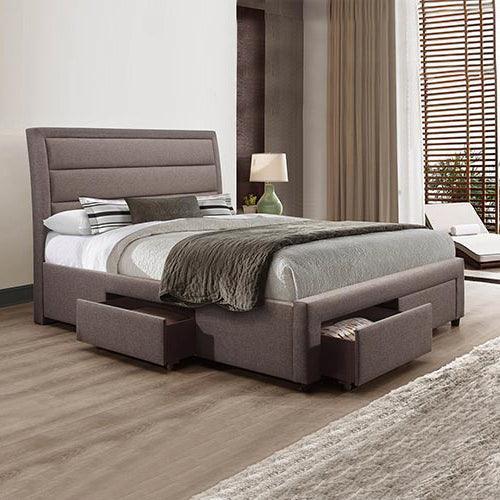 4 Pieces Storage Bedroom Suite Upholstery Fabric in Light Grey with Base Drawers Queen Size Oak Colour Bed, Bedside Table & Tallboy - John Cootes