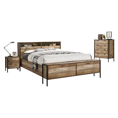 4 Pieces Storage Bedroom Suite with Particle Board Contraction and Metal Legs Queen Size Oak Colour Bed, Bedside Table & Tallboy - John Cootes