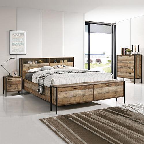 4 Pieces Storage Bedroom Suite with Particle Board Contraction and Metal Legs Queen Size Oak Colour Bed, Bedside Table & Tallboy - John Cootes