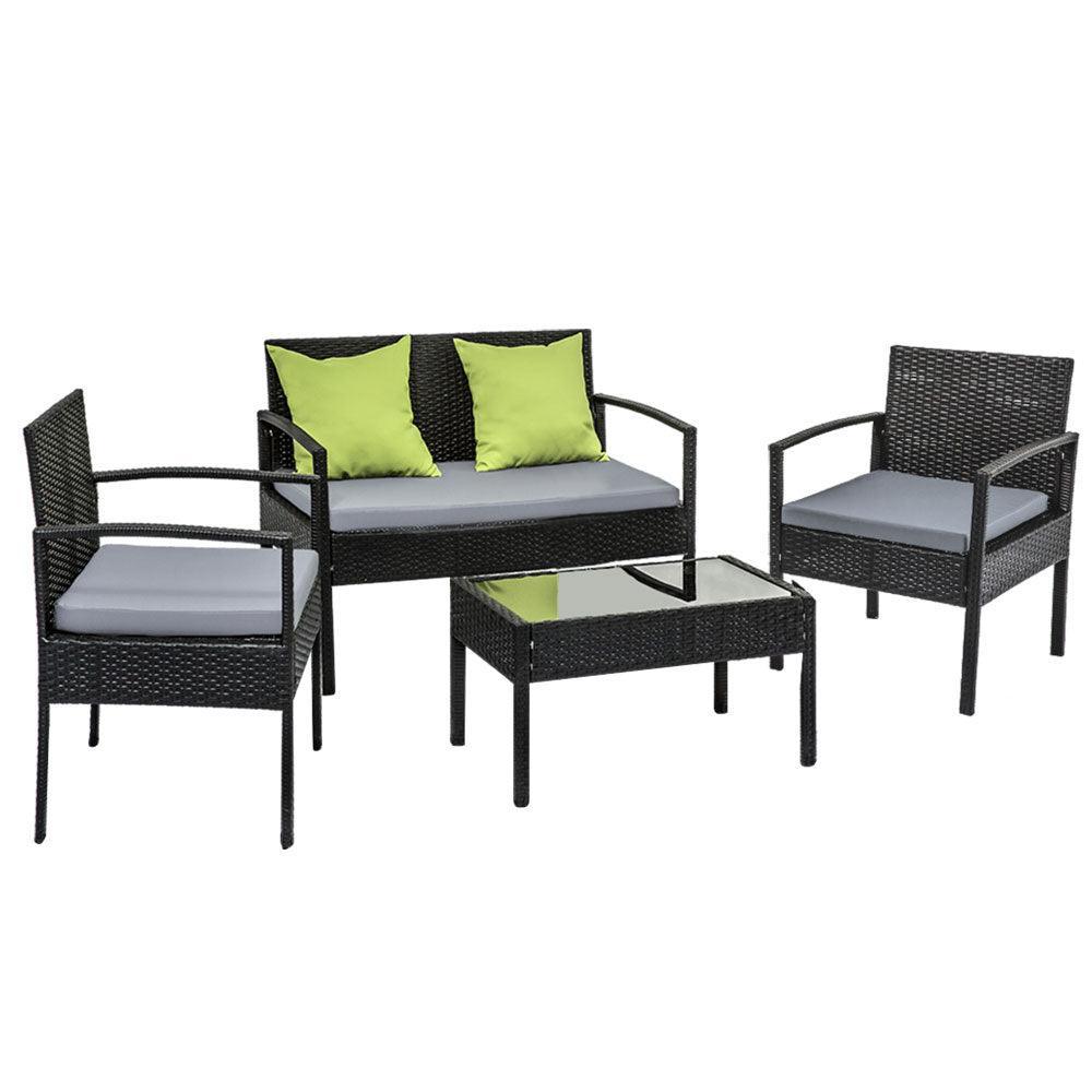 4 Seater Sofa Set Outdoor Furniture Lounge Setting Wicker Chairs Table Rattan Lounger Bistro Patio Garden Cushions Black - John Cootes