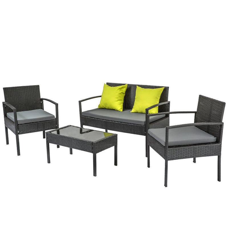 4 Seater Sofa Set Outdoor Furniture Lounge Setting Wicker Chairs Table Rattan Lounger Bistro Patio Garden Cushions Black - John Cootes
