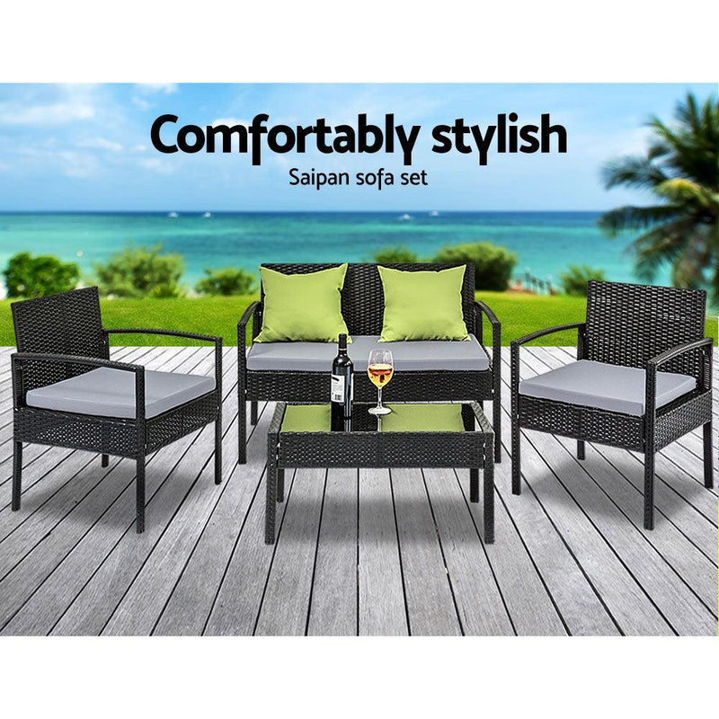 4 Seater Sofa Set Outdoor Furniture Lounge Setting Wicker Chairs Table Rattan Lounger Bistro Patio Garden Cushions Black - John Cootes