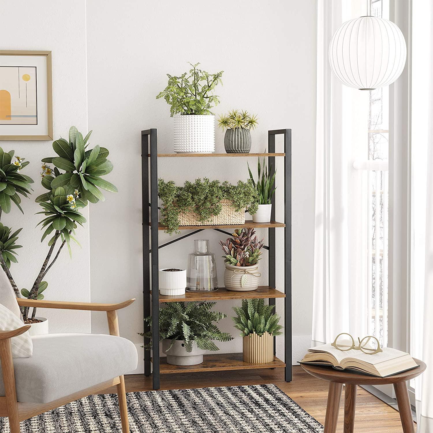 4-Tier Storage Rack with Steel Frame, 120 cm High, Rustic Brown and Black - John Cootes