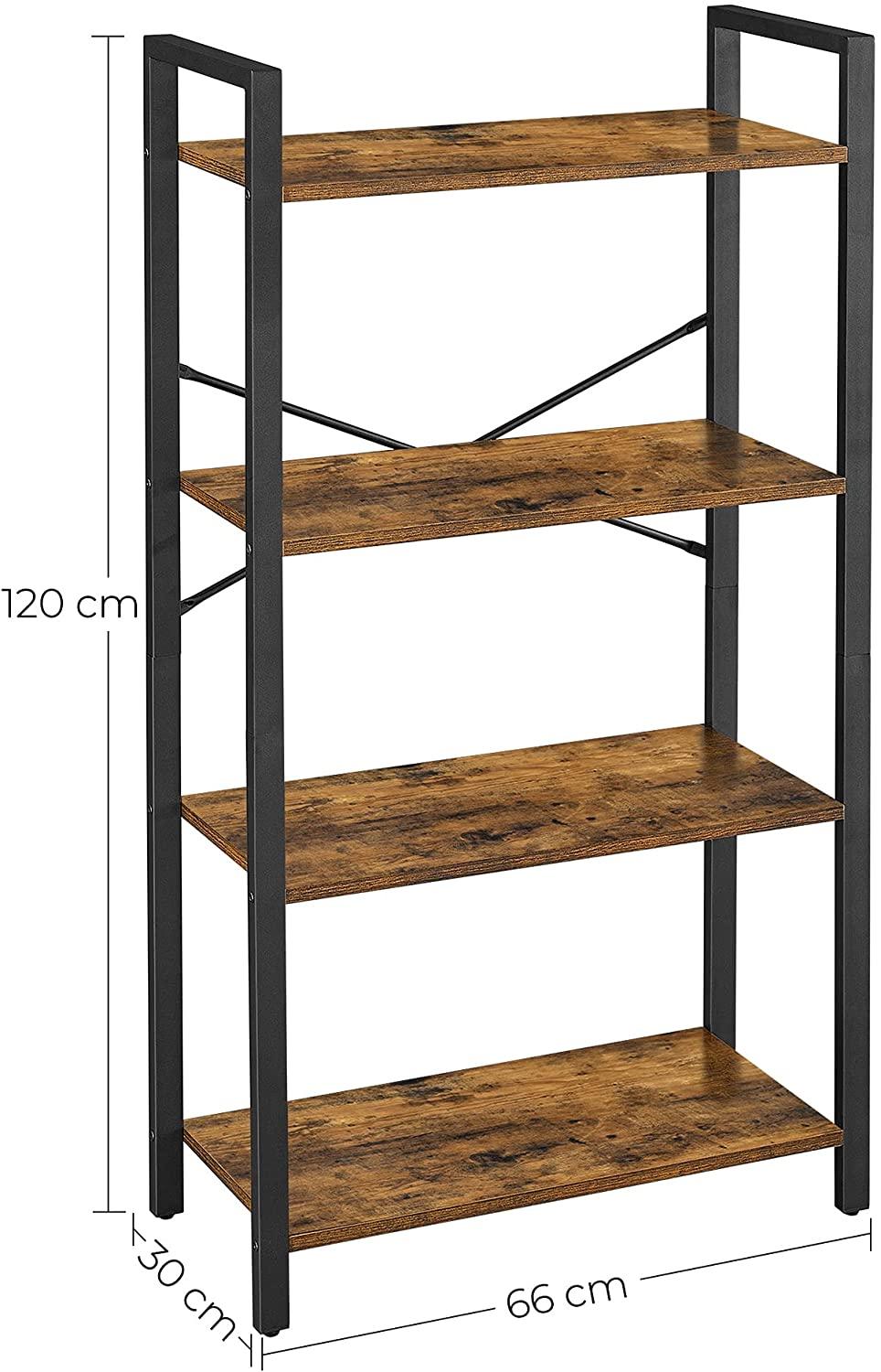 4-Tier Storage Rack with Steel Frame, 120 cm High, Rustic Brown and Black - John Cootes