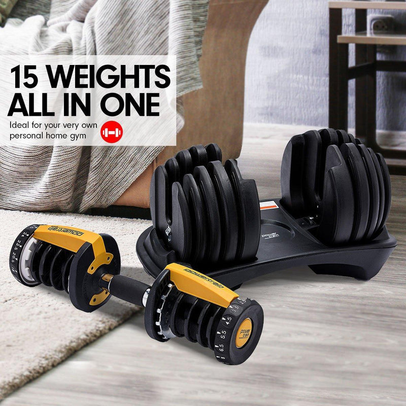 48kg Powertrain Adjustable Dumbbell Home Gym Set Gold - John Cootes
