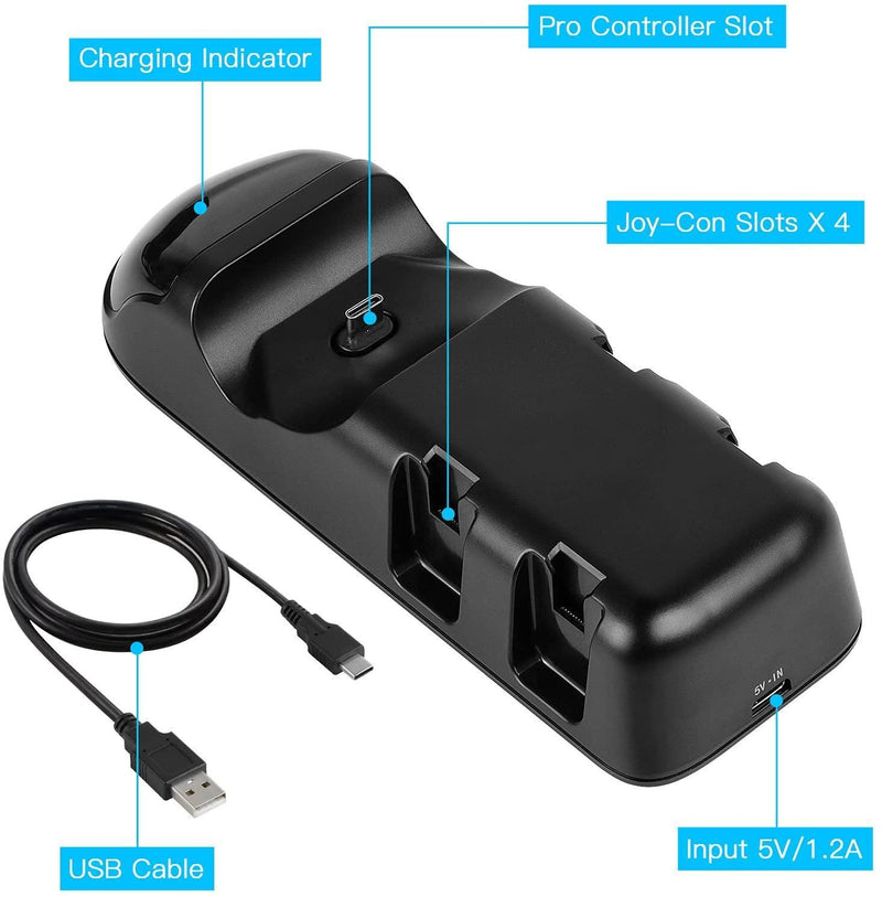 5 in 1 Controller Charger Dock for Nintendo Switch Joy-Cons and Pro Controller with LED Indicator and Type-C Charging Cable - John Cootes