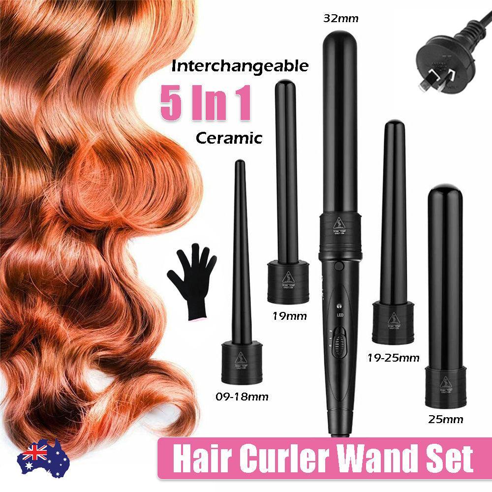 5 in 1 Hair Curler Wand Set Ceramic Styling Curling Iron Roller Barrel LED+Glove - John Cootes