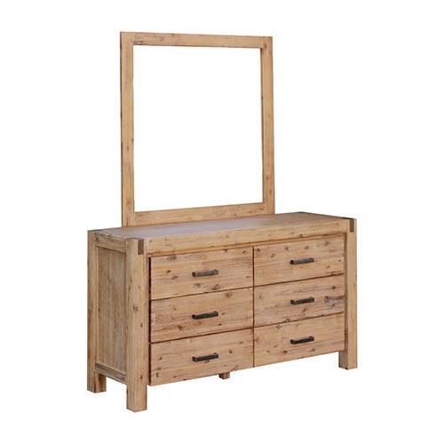 5 Pieces Bedroom Suite in Solid Wood Veneered Acacia Construction Timber Slat Double Size Oak Colour Bed, Bedside Table, Tallboy & Dresser - John Cootes