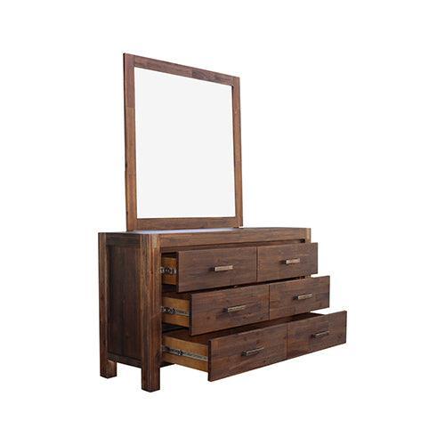5 Pieces Bedroom Suite in Solid Wood Veneered Acacia Construction Timber Slat King Size Chocolate Colour Bed, Bedside Table , Tallboy & Dresser - John Cootes