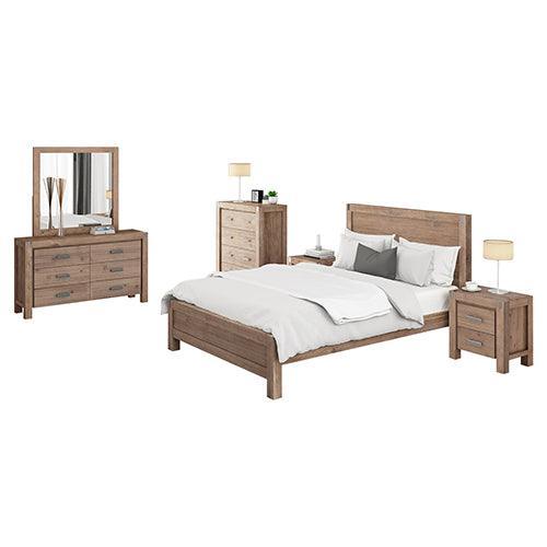 5 Pieces Bedroom Suite in Solid Wood Veneered Acacia Construction Timber Slat Queen Size Oak Colour Bed, Bedside Table , Tallboy & Dresser - John Cootes