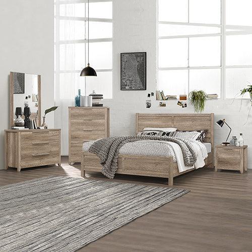 5 Pieces Bedroom Suite Natural Wood Like MDF Structure Double Size Oak Colour Bed, Bedside Table, Tallboy & Dresser - John Cootes