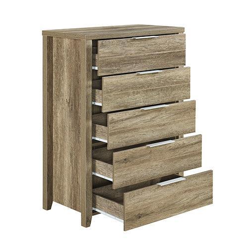 5 Pieces Bedroom Suite Natural Wood Like MDF Structure Double Size Oak Colour Bed, Bedside Table, Tallboy & Dresser - John Cootes