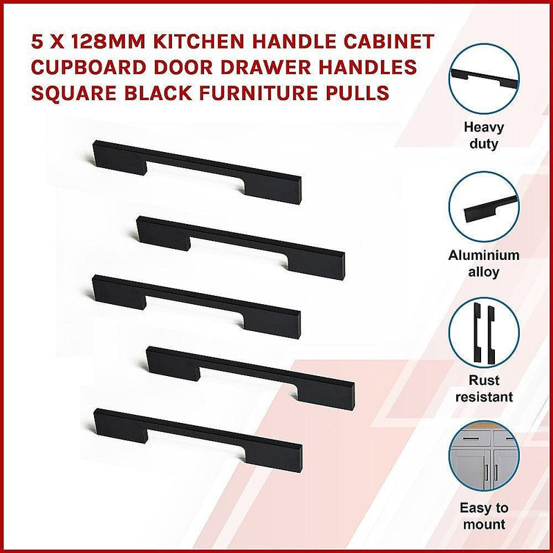 5 x 128mm Kitchen Handle Cabinet Cupboard Door Drawer Handles square Black furniture pulls - John Cootes