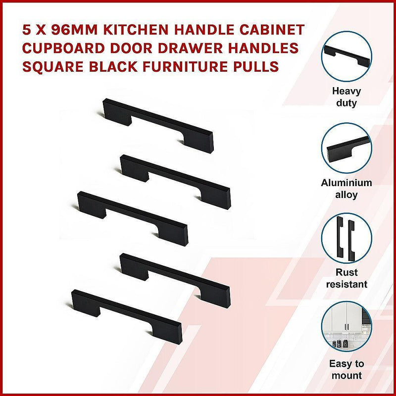 5 x 96mm Kitchen Handle Cabinet Cupboard Door Drawer Handles square Black furniture pulls - John Cootes