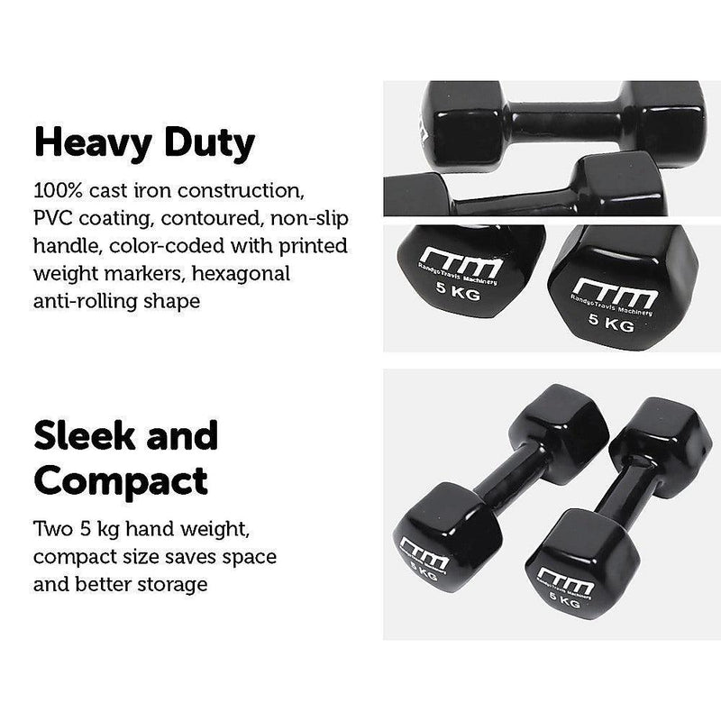 5kg Dumbbells Pair PVC Hand Weights Rubber Coated - John Cootes