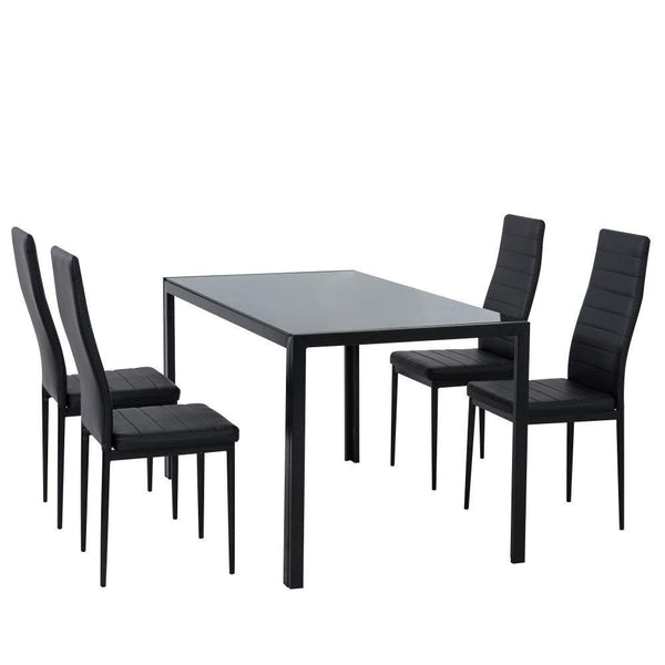 5PC Indoor Dining Table and Chairs Dinner Set Glass Leather Kitchen-Black - John Cootes