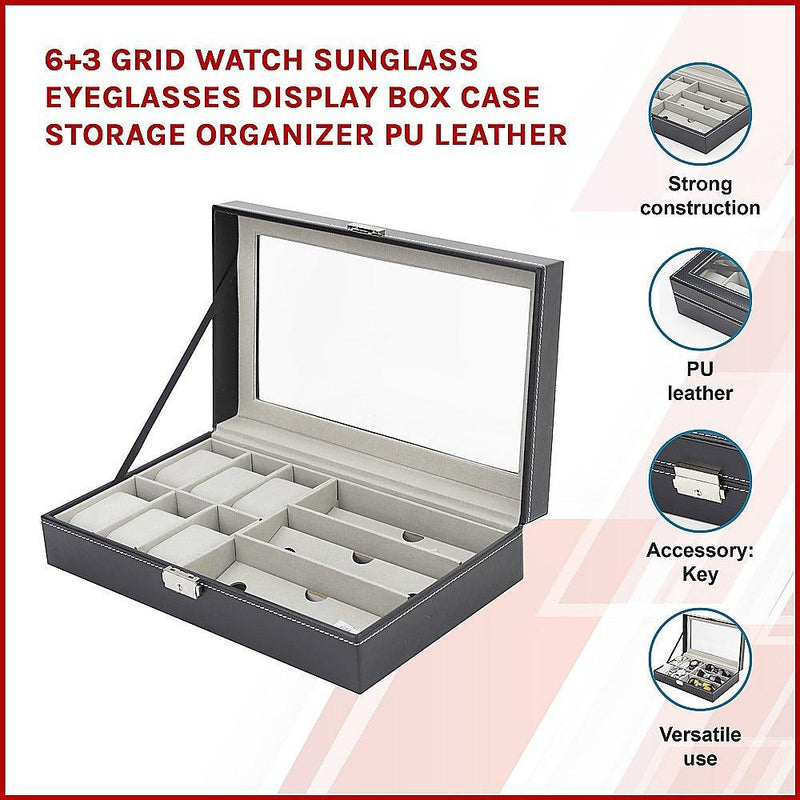 6+3 Grid Watch Sunglass Eyeglasses Display Box Case Storage Organizer PU Leather - John Cootes