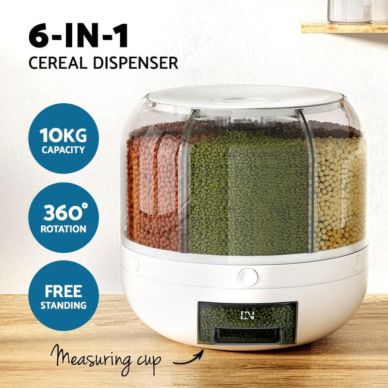 6-In-1 Cereal Dispenser Rotating Grain Container 10KG Rice Storage Dry Food Box - John Cootes