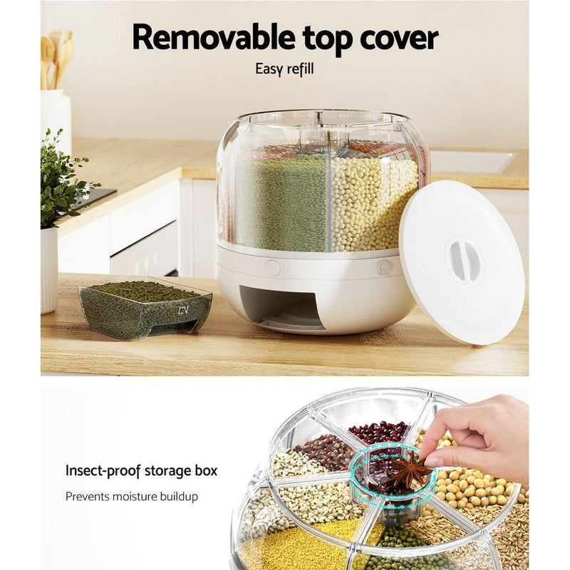 6-In-1 Cereal Dispenser Rotating Grain Container 10KG Rice Storage Dry Food Box - John Cootes