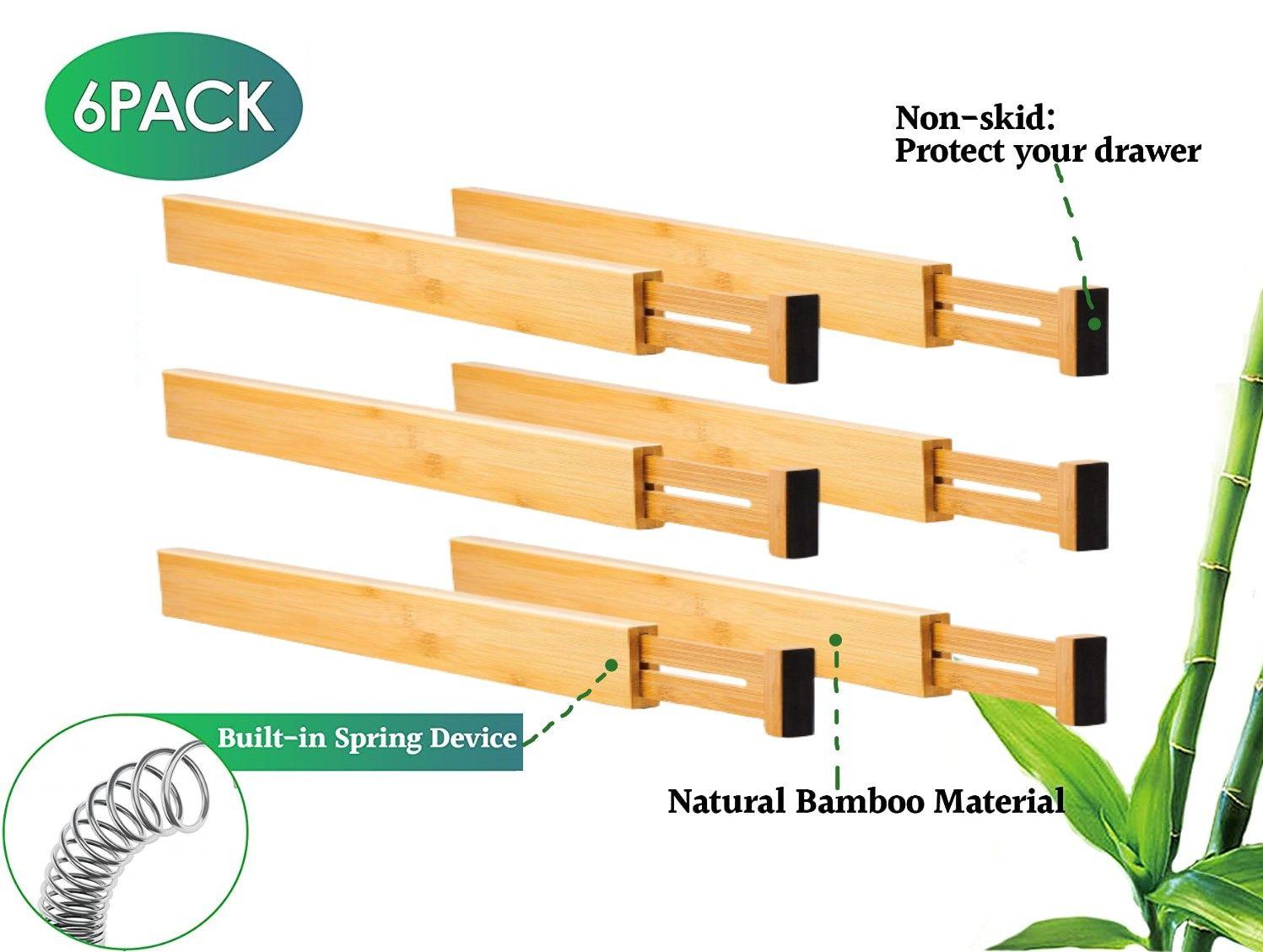 6 Pack Bamboo Adjustable Kitchen Drawer Dividers (Large, 44-55 cm) - John Cootes