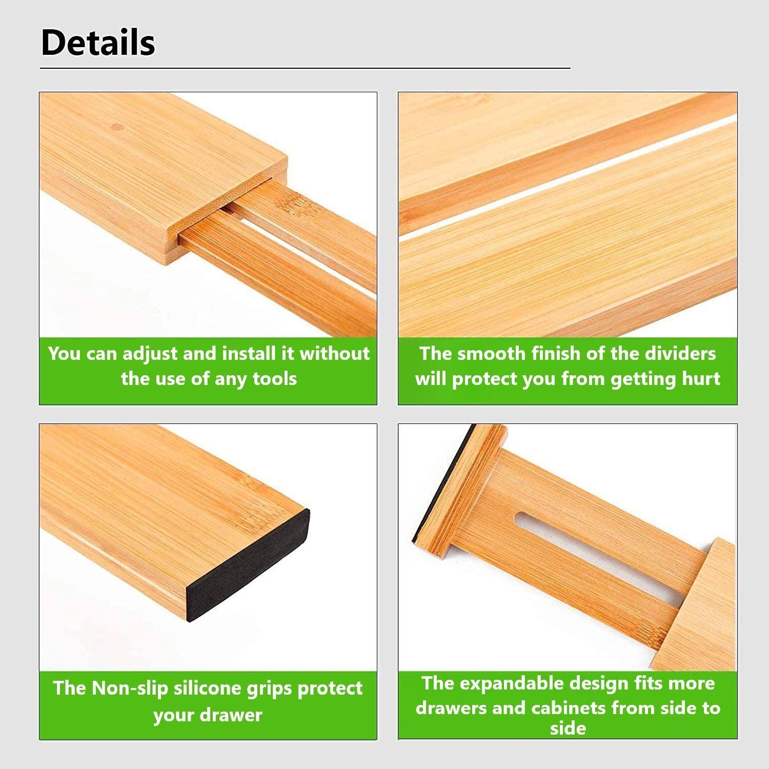 6 Pack Bamboo Adjustable Kitchen Drawer Dividers (Large, 44-55 cm) - John Cootes