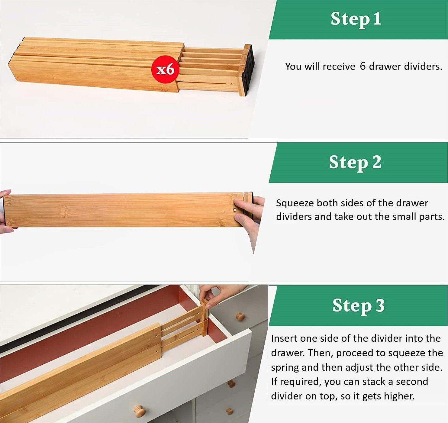 6 Pack Bamboo Adjustable Kitchen Drawer Dividers (Large, 44-55 cm) - John Cootes