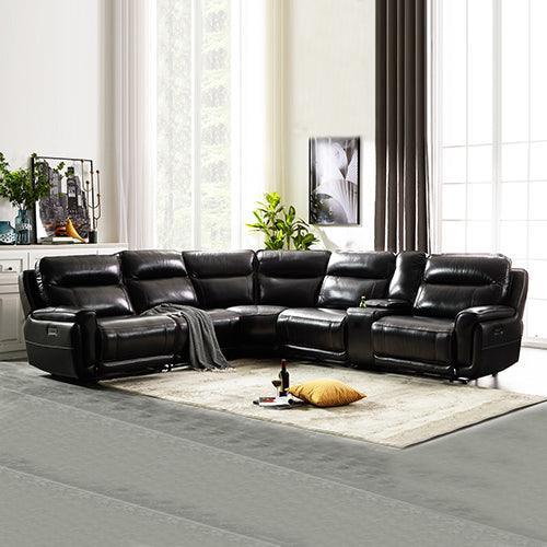 6 Seater Corner Sofa with Genuine Leather Black Armless Recliners Straight Console Lounge Set for Living Room - John Cootes