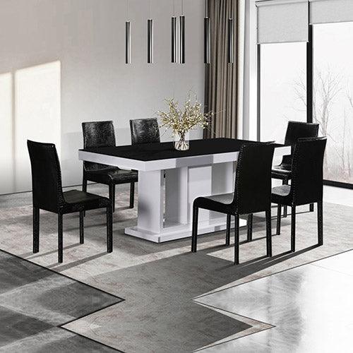 7 Pieces Dining Suite Dining Table & 6X Black Chairs in Rectangular Shape High Glossy MDF Wooden Base Combination of Black & White Colour - John Cootes