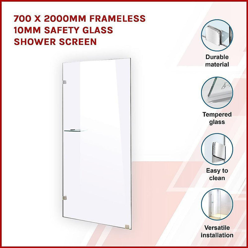 700 x 2000mm Frameless 10mm Safety Glass Shower Screen - John Cootes