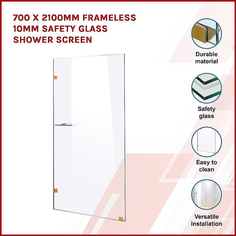 700 x 2100mm Frameless 10mm Safety Glass Shower Screen - John Cootes
