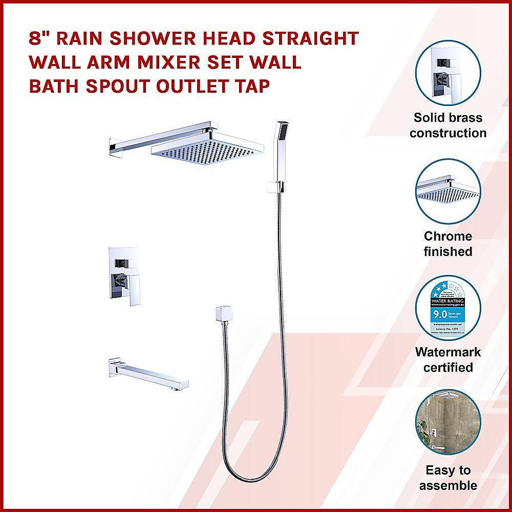 8" Rain Shower Head Straight Wall Arm Mixer Set Wall Bath Spout Outlet Tap - John Cootes