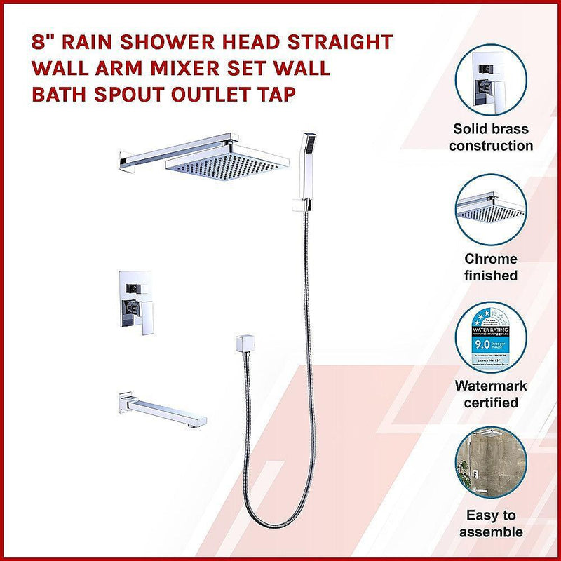 8" Rain Shower Head Straight Wall Arm Mixer Set Wall Bath Spout Outlet Tap - John Cootes
