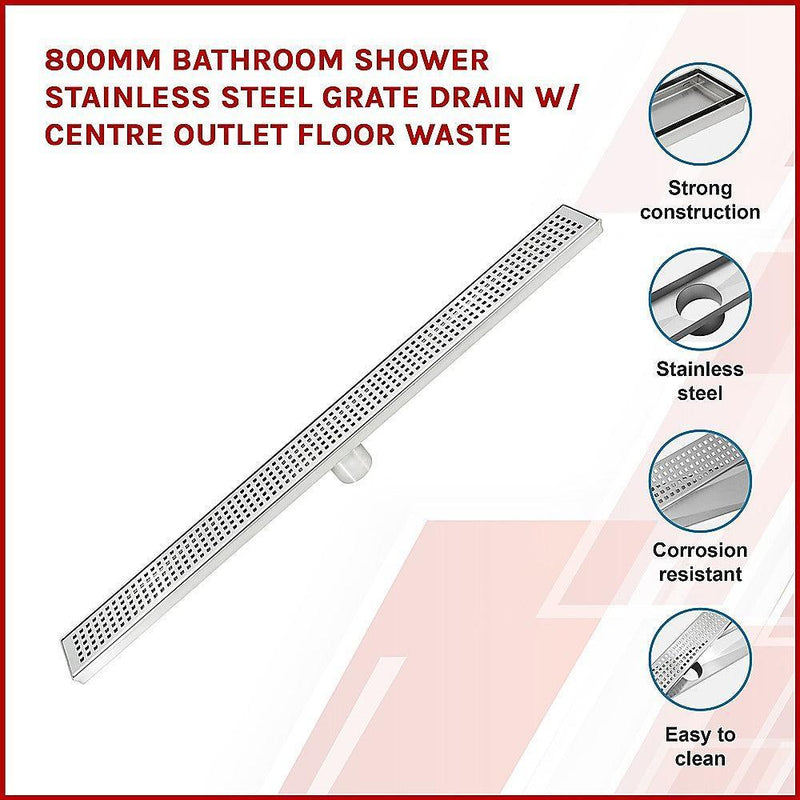 800mm Bathroom Shower Stainless Steel Grate Drain w/Centre outlet Floor Waste - John Cootes
