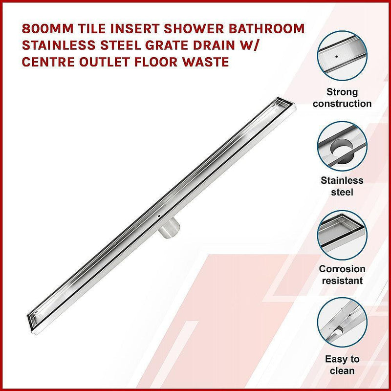 800mm Tile Insert Shower Bathroom Stainless Steel Grate Drain w/Centre outlet Floor Waste - John Cootes