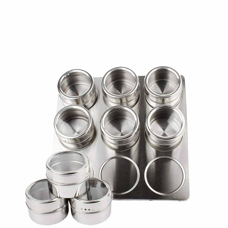 9 Magnetic Spice Jar Tins and Steel Rack - 150g Seasoning Storage Containers - John Cootes