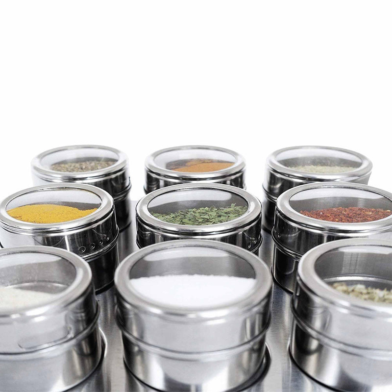 9 Magnetic Spice Jar Tins and Steel Rack - 150g Seasoning Storage Containers - John Cootes