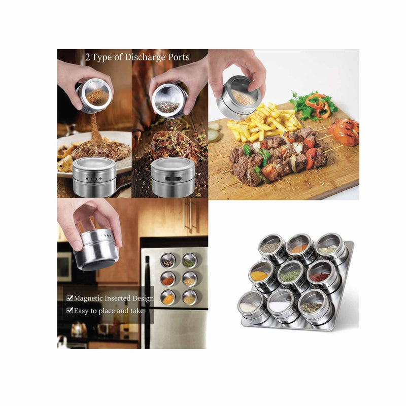 9 Magnetic Spice Jar Tins and Steel Rack - 150g Seasoning Storage Containers - John Cootes