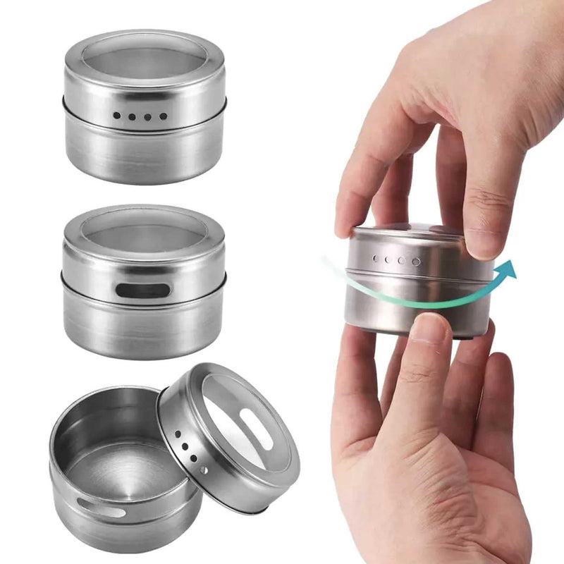 9 Magnetic Spice Jar Tins and Steel Rack - 150g Seasoning Storage Containers - John Cootes