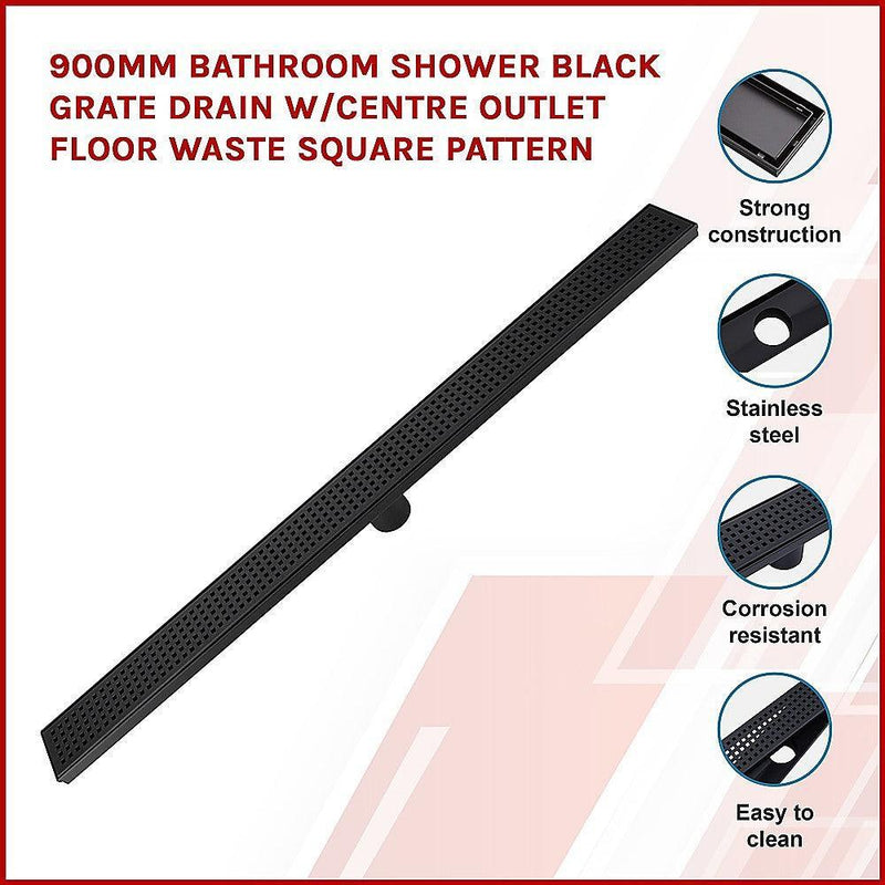 900mm Bathroom Shower Black Grate Drain w/Centre outlet Floor Waste Square Pattern - John Cootes