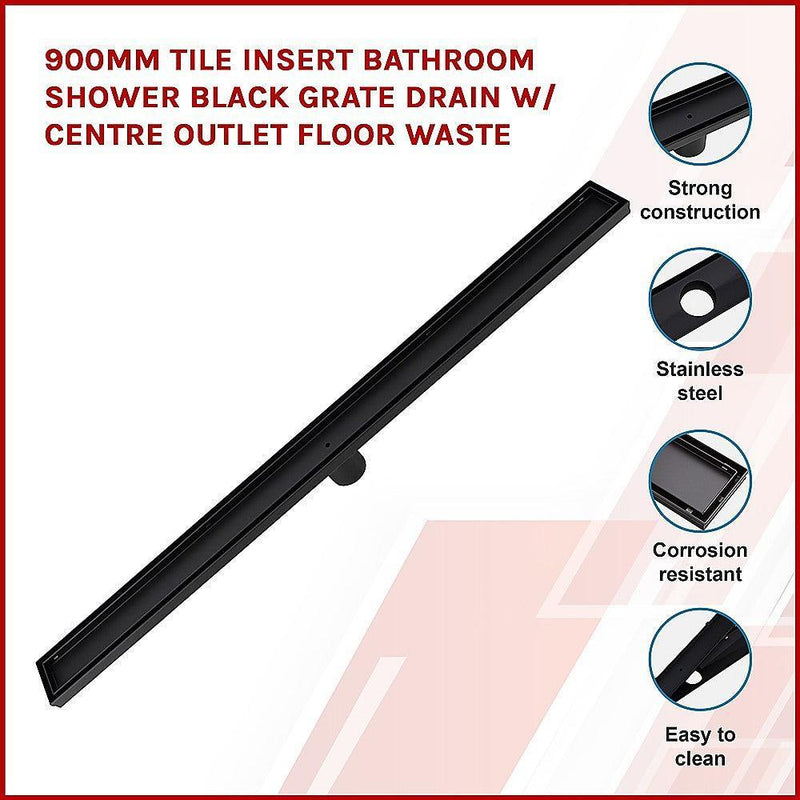 900mm Tile Insert Bathroom Shower Black Grate Drain w/Centre outlet Floor Waste - John Cootes