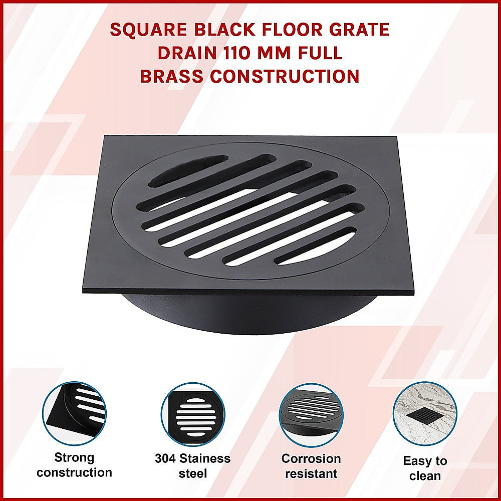 Square Black Floor Grate Drain 110 mm Full Brass Construction