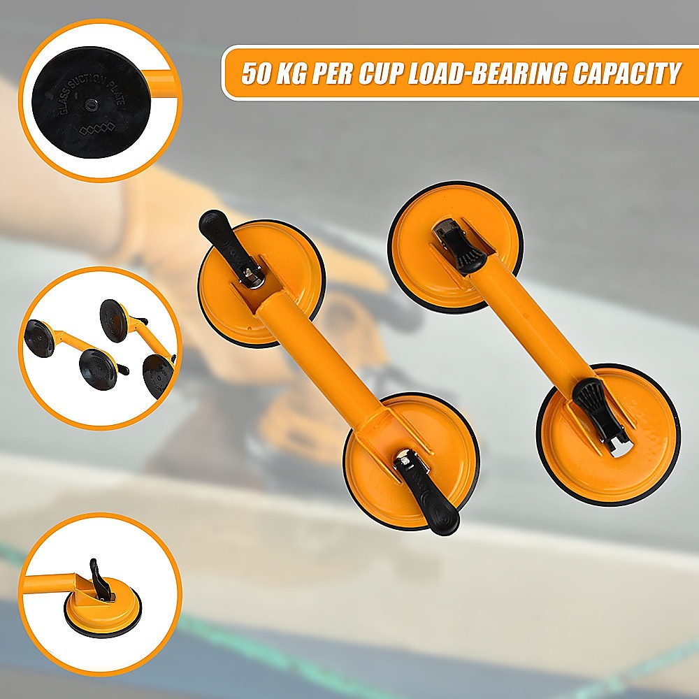 2x 100kg Aluminum Alloy Double Locking Suction Cup Glazer Glass Sucker Lifter