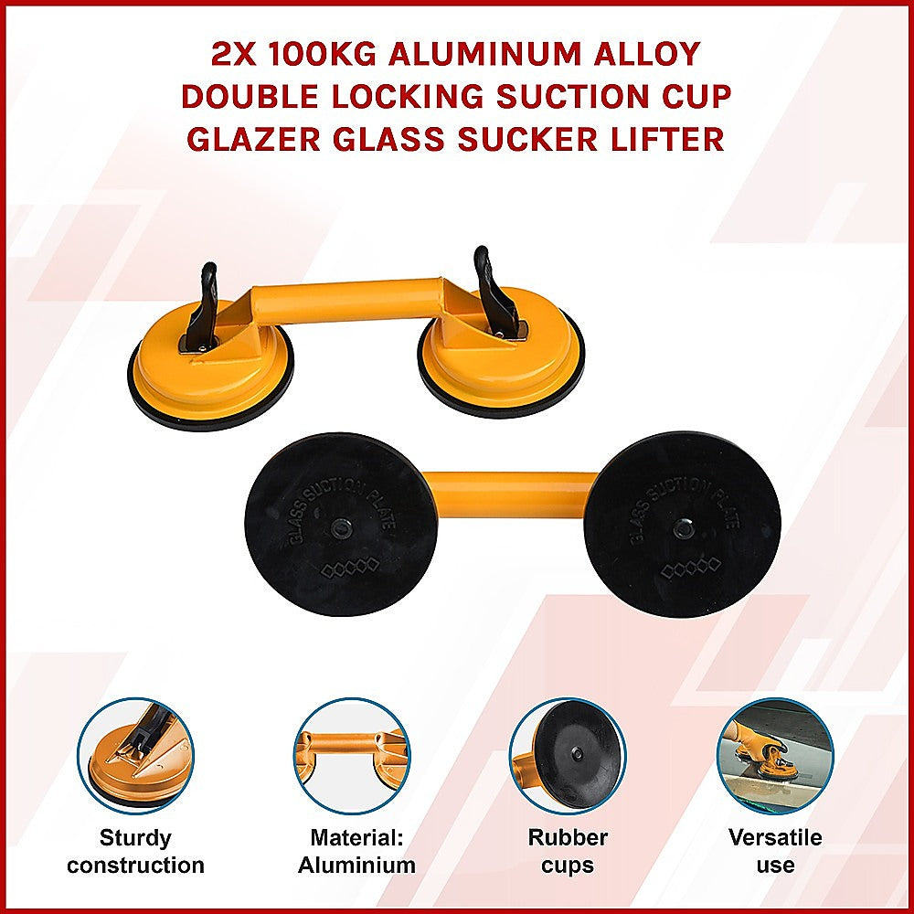 2x 100kg Aluminum Alloy Double Locking Suction Cup Glazer Glass Sucker Lifter