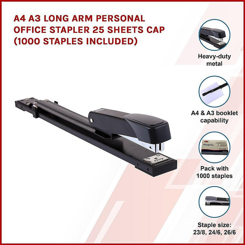 A4 A3 Long Arm Personal Office Stapler 25 sheets CAP (1000 staples included) - John Cootes