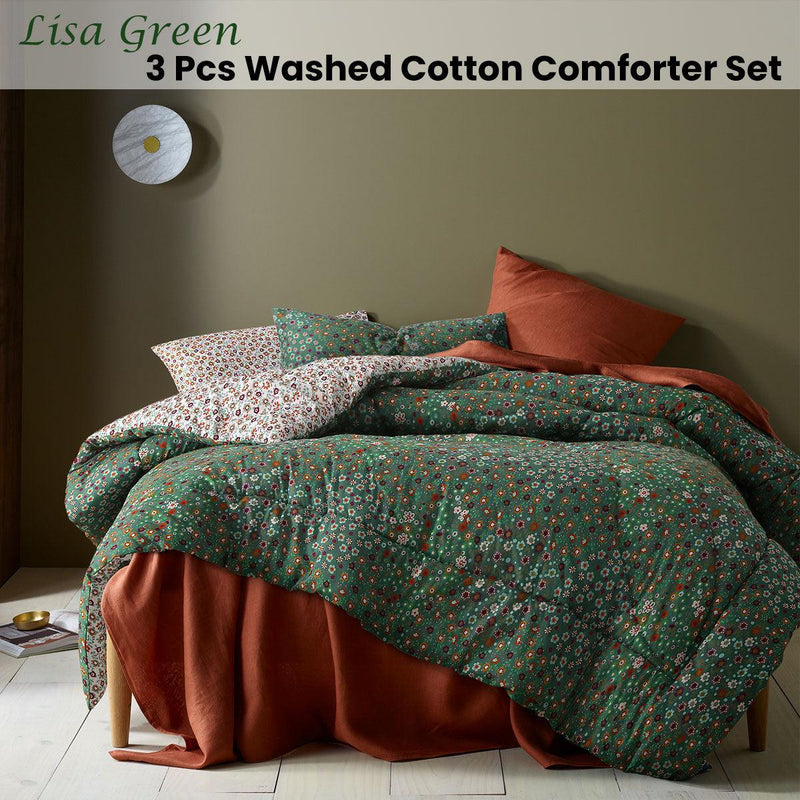 Accessorize Lisa Green Washed Cotton Printed 3 Piece Comforter Set Queen - John Cootes
