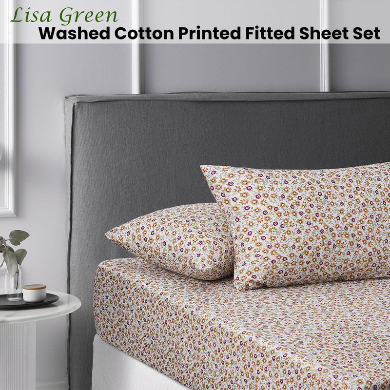 Accessorize Lisa Green Washed Cotton Printed Fitted Sheet Set King - John Cootes