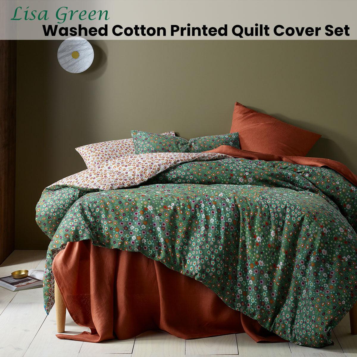 Accessorize Lisa Green Washed Cotton Printed Quilt Cover Set King - John Cootes