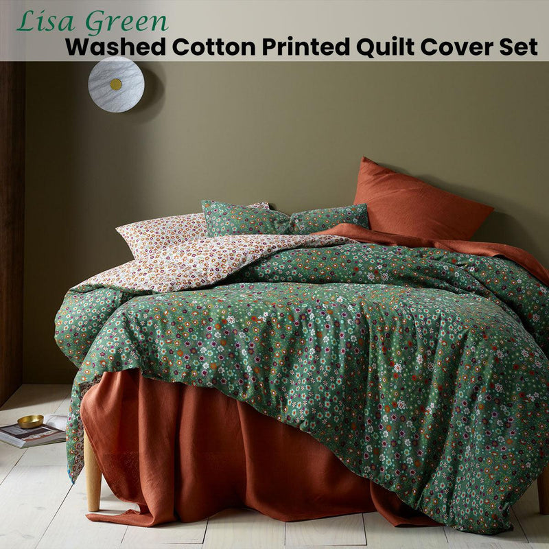 Accessorize Lisa Green Washed Cotton Printed Quilt Cover Set Queen - John Cootes
