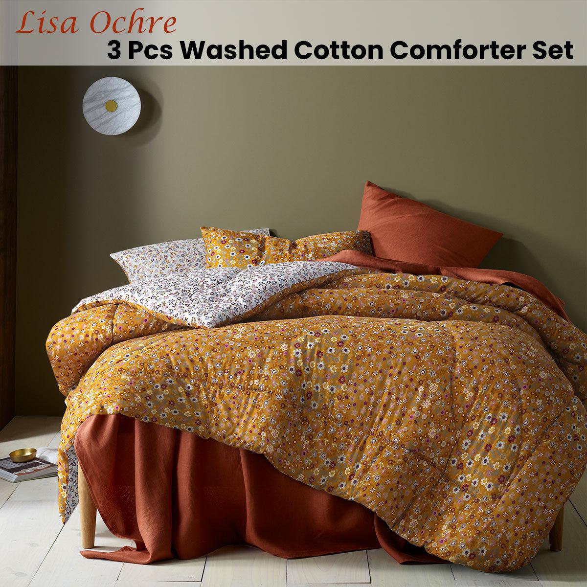 Accessorize Lisa Ochre Washed Cotton Printed 3 Piece Comforter Set King - John Cootes